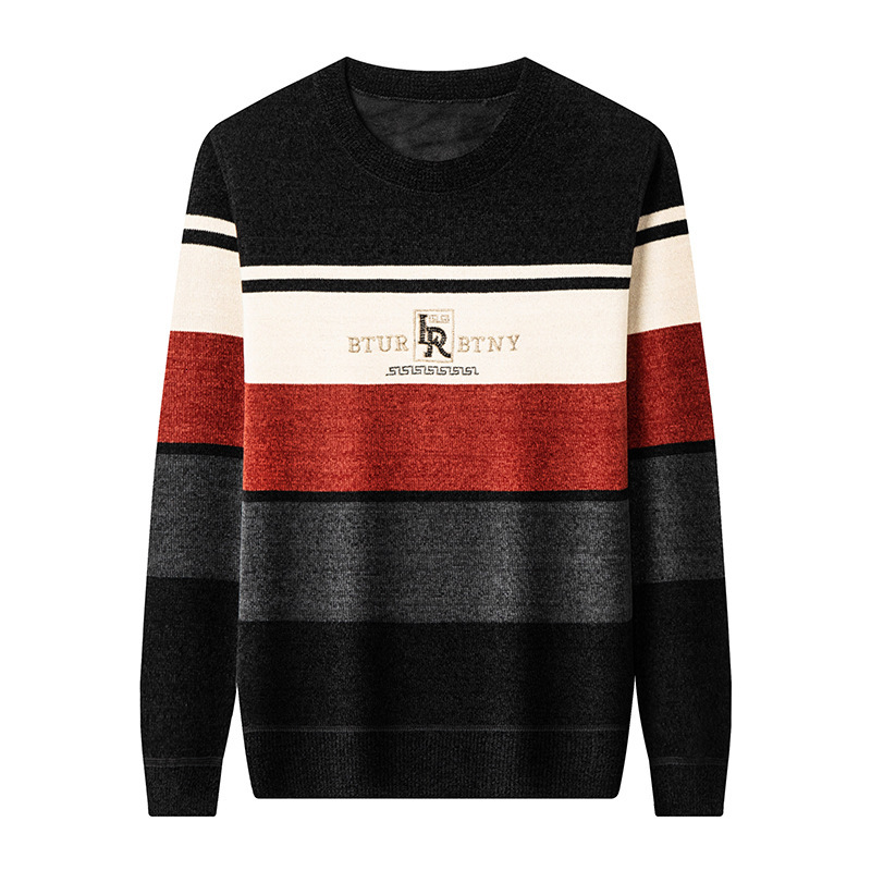 Luxury Fashion Designer Clothes Winter New Chenille Sweater Round Neck Fleece Lined Thickened Top Middle-Aged Men's Warm Knitted Base Shirt - view 6
