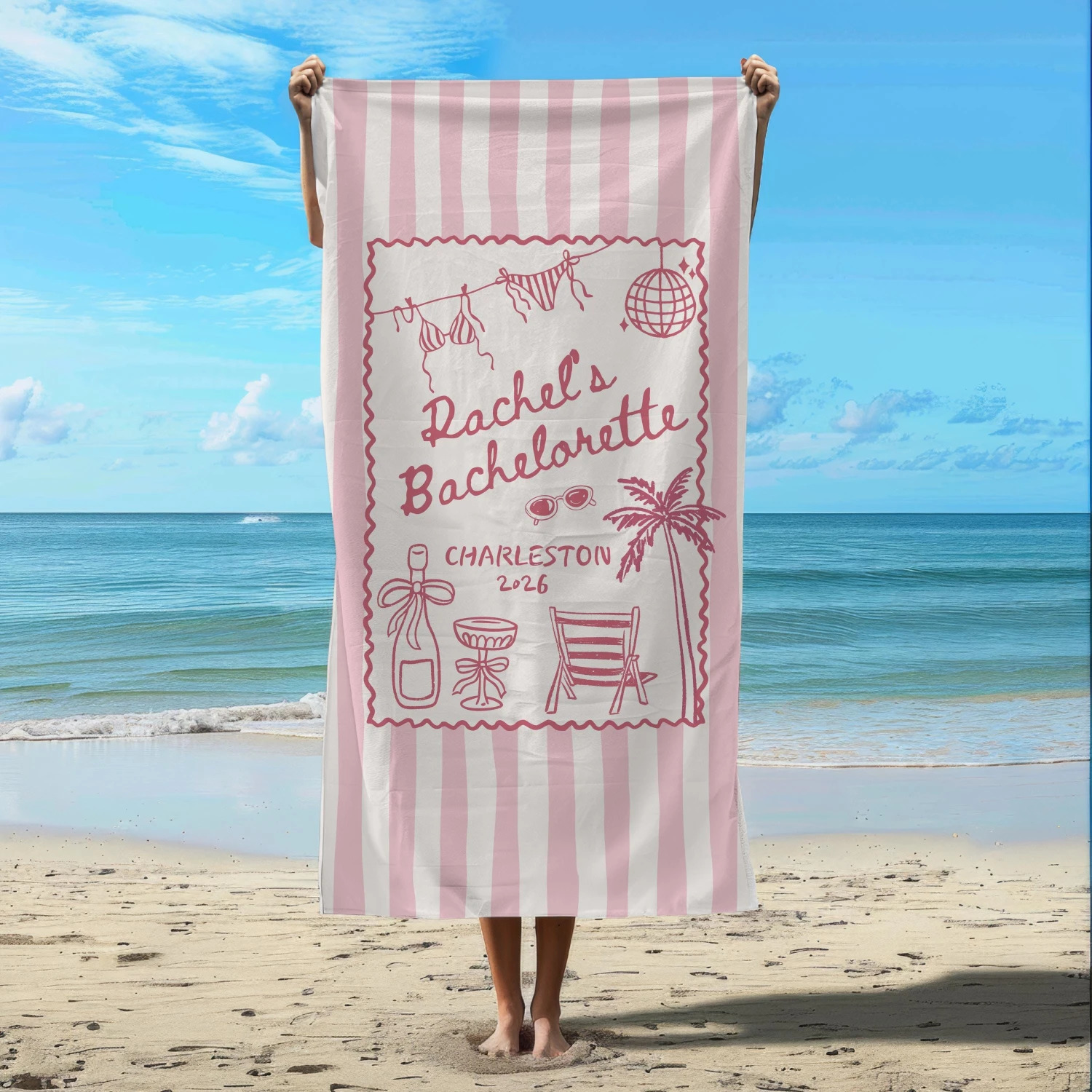 Pink Stripe Bachelorette Beach Towel Cute Coastal Bachelorette Party Summer Beach Towel 260622 - view 3