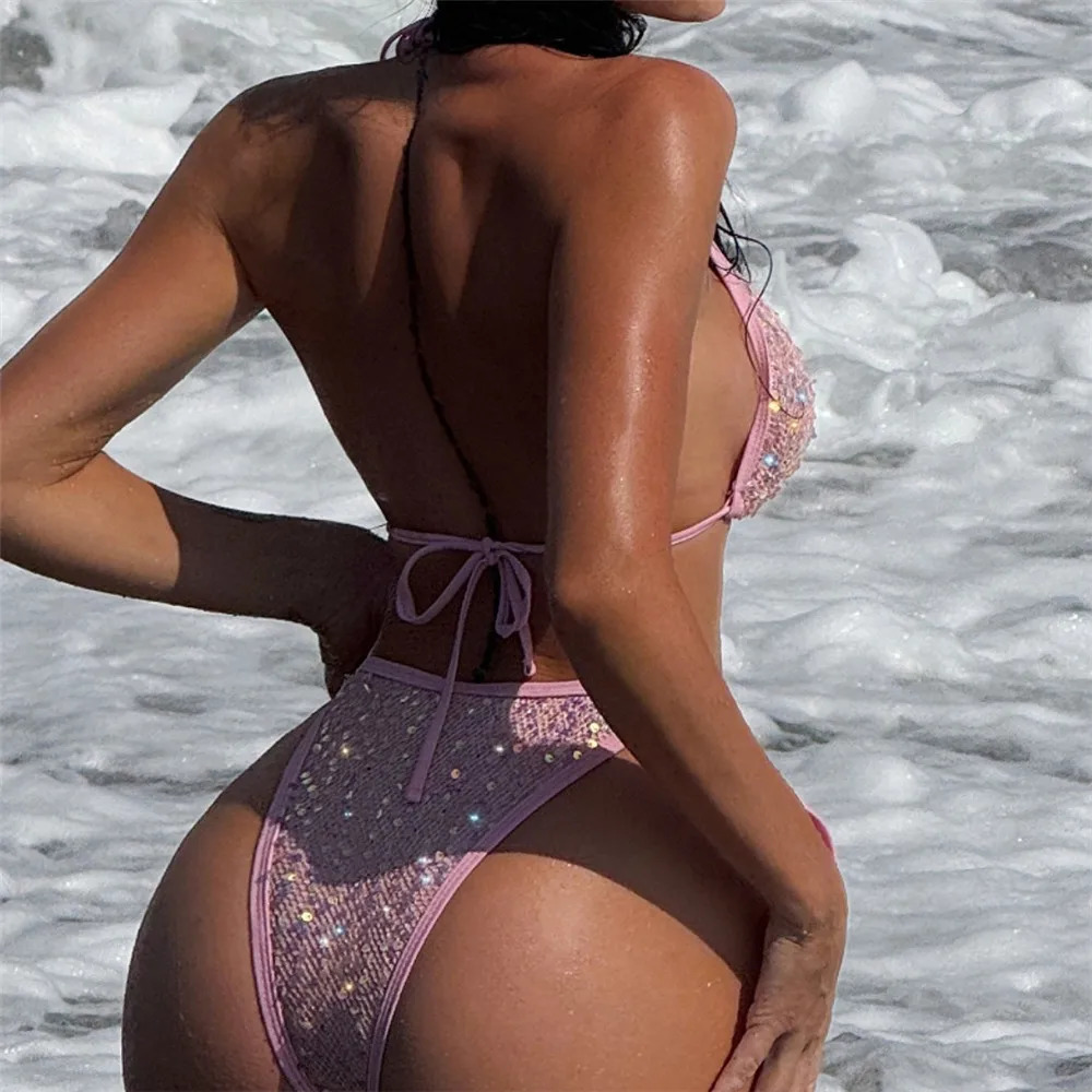 Pink Mesh Sequin Halter String Triangle Bikini Damen Micro Thong Sexy Swimsuit Women 2026 Bathing Suits Swimwear Bikinis Sets 260622 - view 6