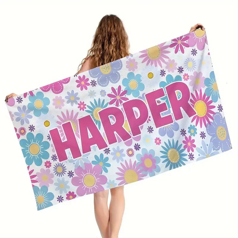 Personalized Flowers Beach Towels Girls Trip Custom Heart Wave Beach Towel With Name Summer Holiday Vacation Pool Camp Gift 260622 - view 5