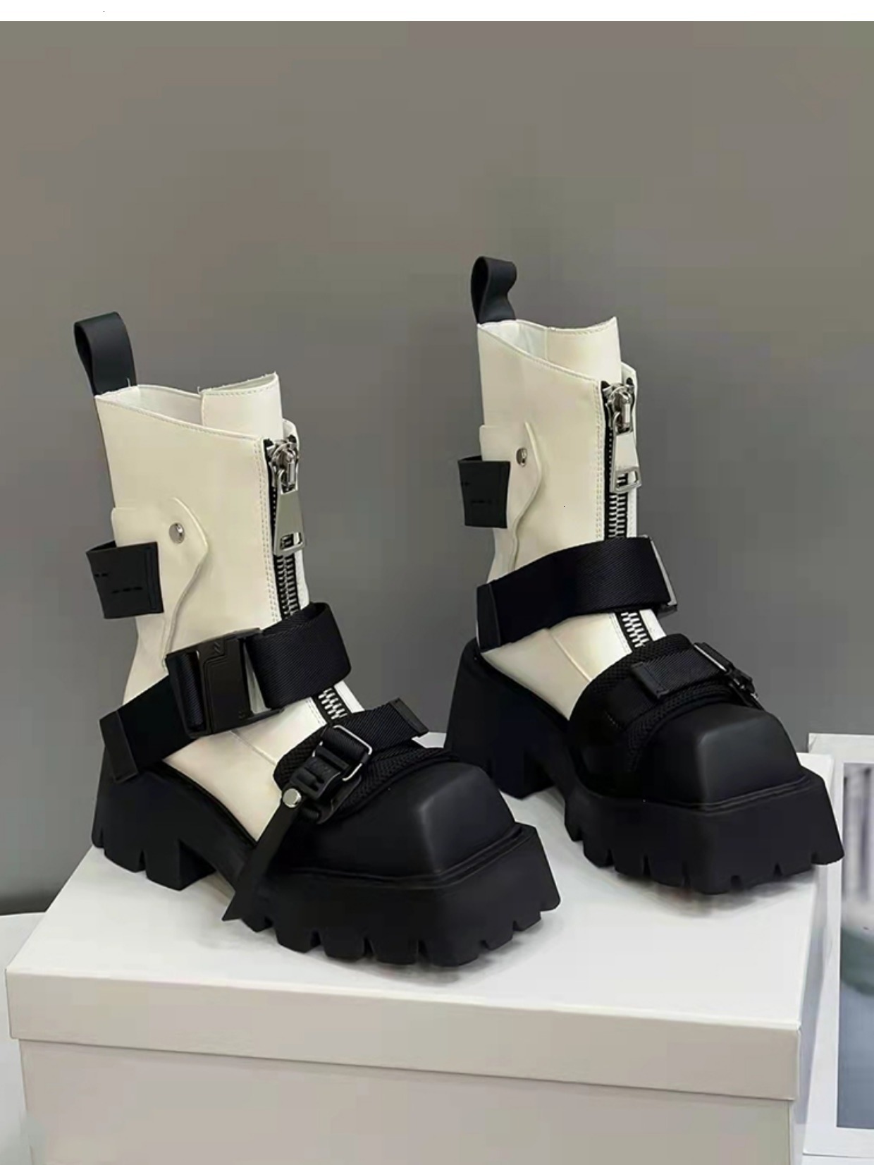 Womens White Black Platform Combat Boots Square Toe Buckle Strap Designer Shoes Side Zipper Chunky Heel Ankle Boots For Streetwear Punk Goth Style - view 5