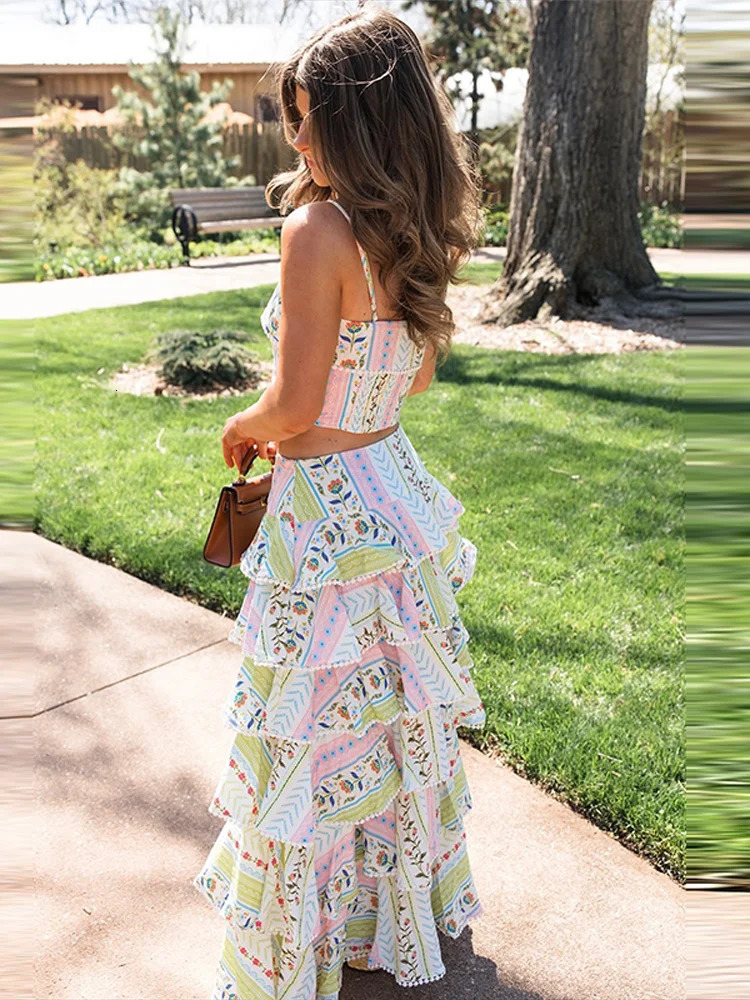 Vacation Floral Printed Cascading Ruffle Skirt Sets Women Sleeveless Sling Top Cake Long Skirts 2026 Summer Holiday Sweet Outfit 260618 - view 4