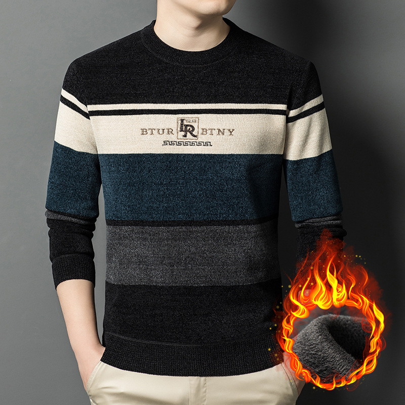 Luxury Fashion Designer Clothes Winter New Chenille Sweater Round Neck Fleece Lined Thickened Top Middle-Aged Men's Warm Knitted Base Shirt - view 3