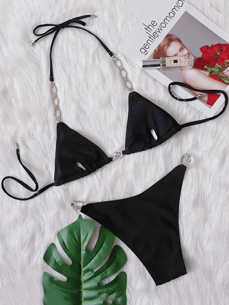 Shiny Sequins Rhinestone Bikini Women Swimwear Female Swimsuit Two-pieces Bikini set Metal Chain Halter Bather Bathing Suit Swim 260622 - view 4