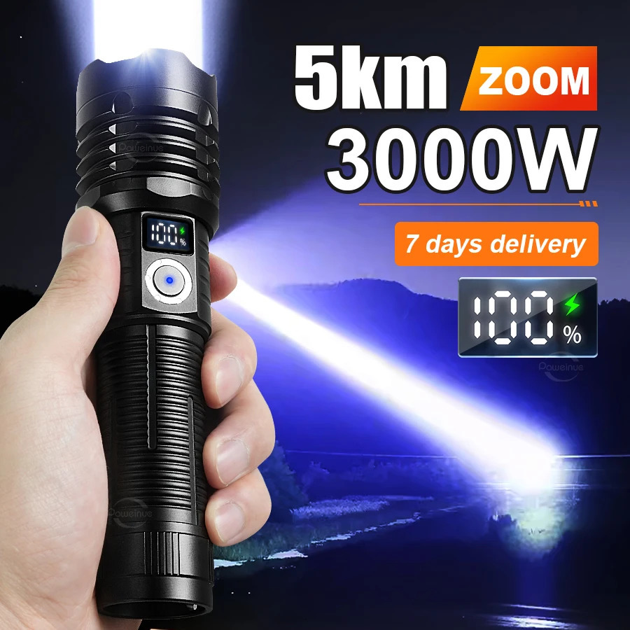 Super Powerful Flashlights 3000W White Laser Long Range Focus 5km Ultra Powerful Flashlight Tactical Self Defense Hunting Torch 260623