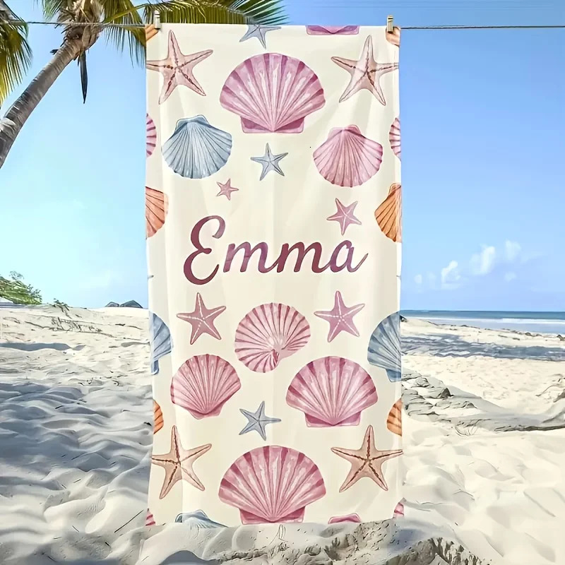 Beach Towel with Customizable Name - Shell and Starfish Print Super Soft Quick Drying Lightweight Absorbent Modern Style 260622