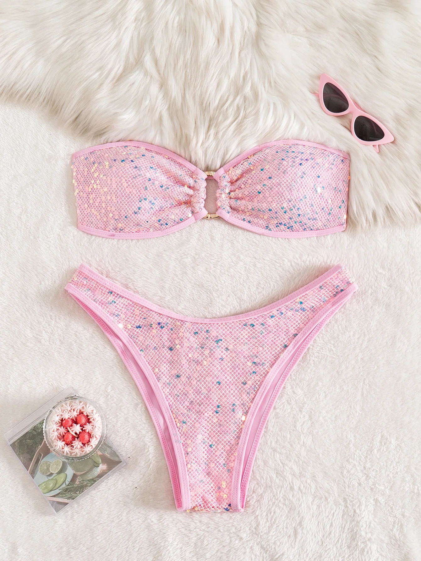 Sexy Bandeau Bikini 2026 Women Shiny Sequin Front Ring Push Up Micro Swimsuit Summer Pink Bathing Suit Thong Swimwear Biquini 260622