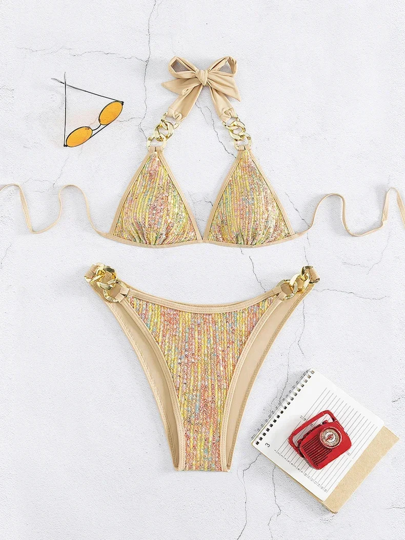 Shiny Sequin Gold Bikini Set Women Metal Strap Push Up Micro Swimsuit y Cut Out Bathing Suit Chain Thong Swimwear 260622