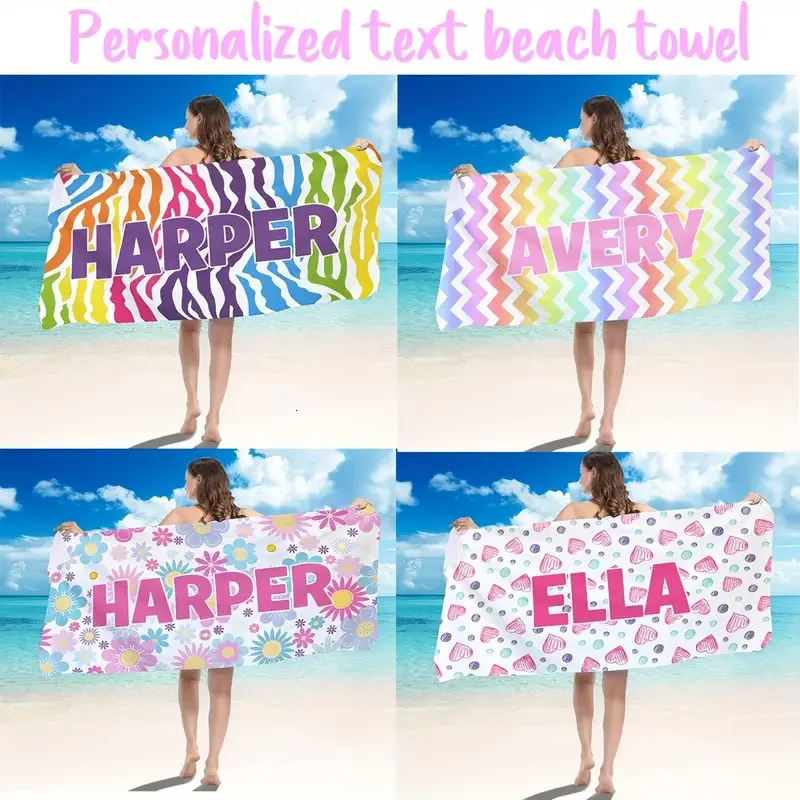 Personalized Flowers Beach Towels Girls Trip Custom Heart Wave Beach Towel With Name Summer Holiday Vacation Pool Camp Gift 260622