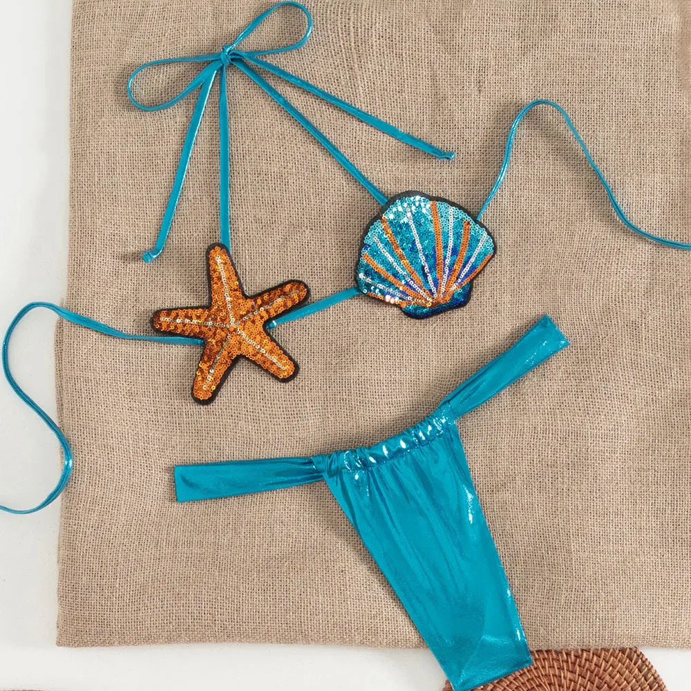 Shiny Sequin Shell Starfish Bikini Set Women Sexy Push Up Pleate Thong Swimsuit Brazilian Beach Bathing Suit Micro Swimwear 260622