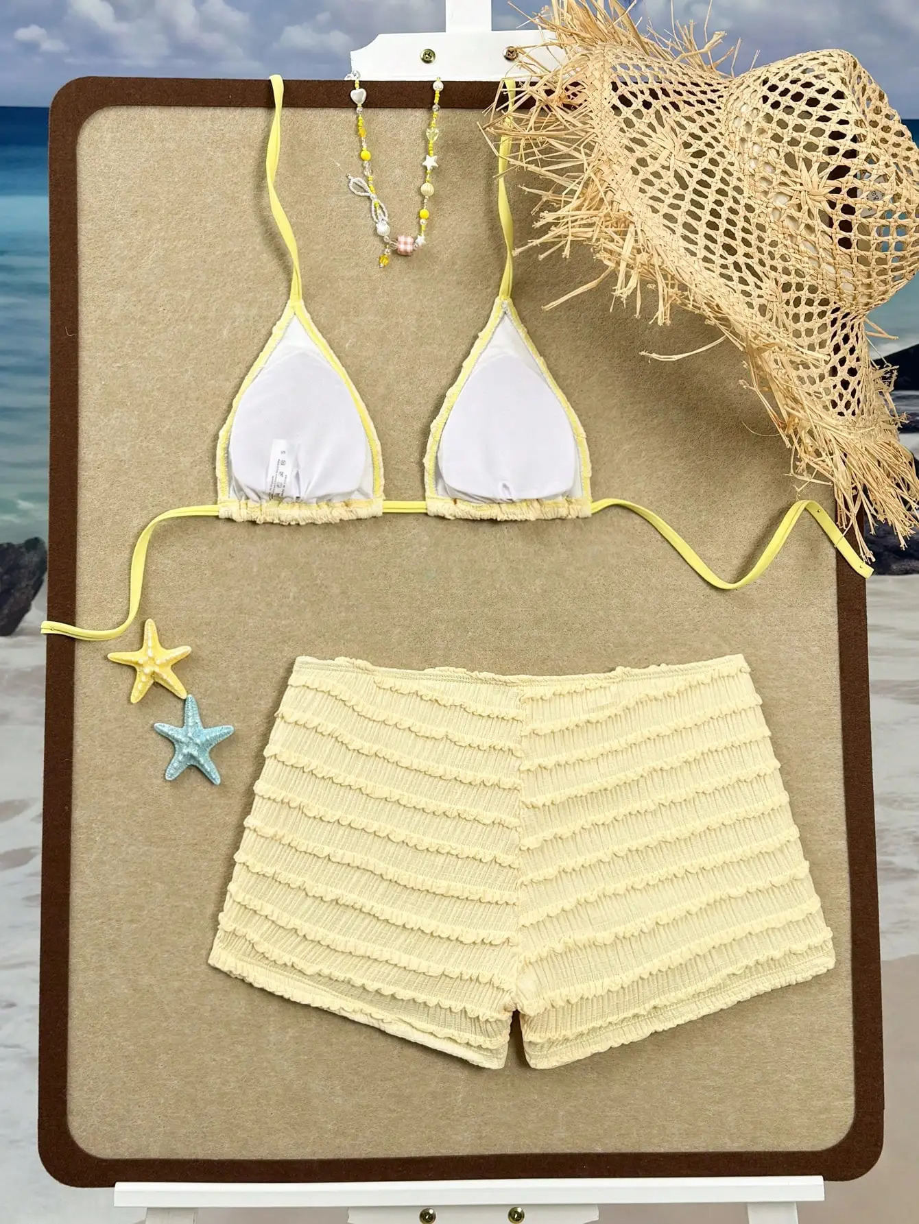 Yellow Ruched Bikini Set With Sequin Starfish Applique Beach Swimwear 260622 - view 4