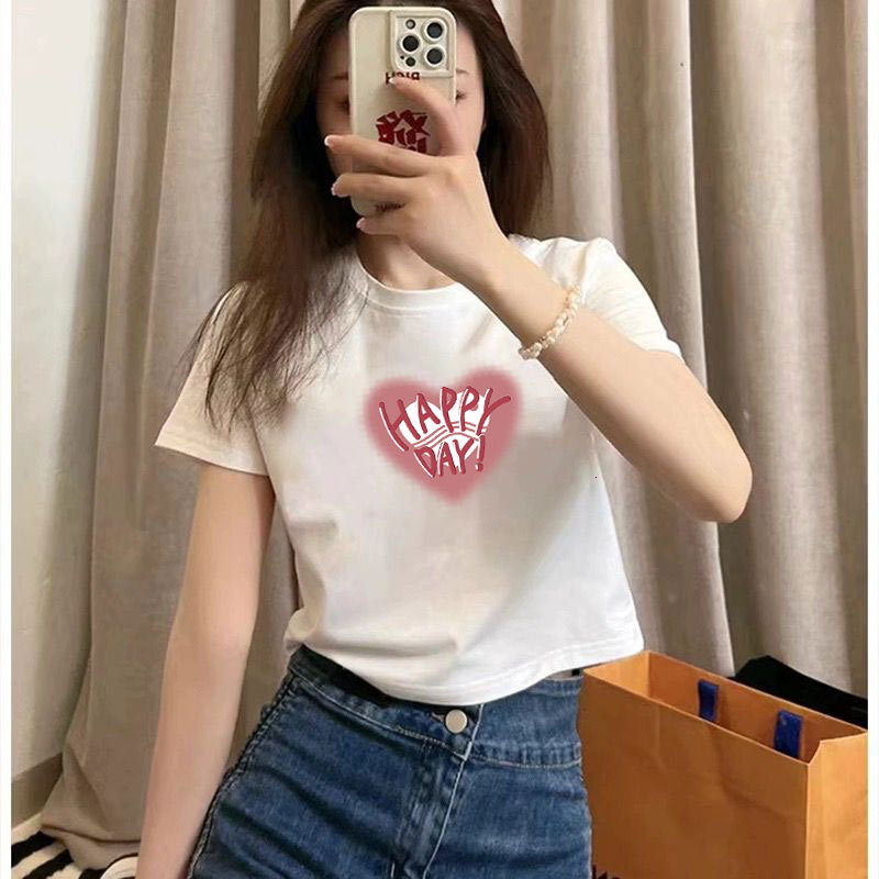 Women's Short Crop Top T-Shirt, Loose Batwing Short-Sleeve Shirt with Crew Neck, White 100% Cotton Anti-Shrink Graphic Tee with “HAPPY DAY” Heart Appl - view 3