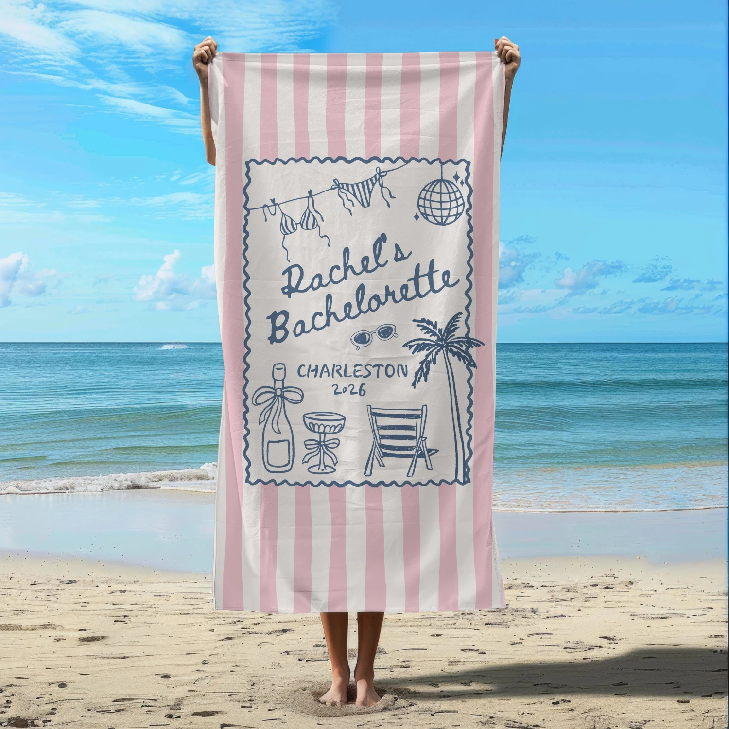 Pink Stripe Bachelorette Beach Towel Cute Coastal Bachelorette Party Summer Beach Towel 260622 - view 7