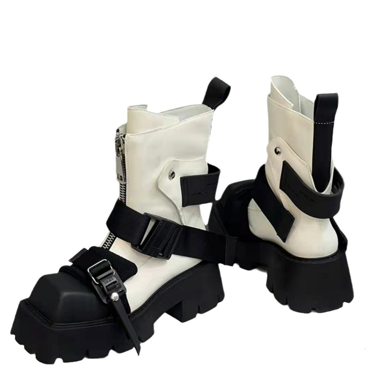 Womens White Black Platform Combat Boots Square Toe Buckle Strap Designer Shoes Side Zipper Chunky Heel Ankle Boots For Streetwear Punk Goth Style - view 8