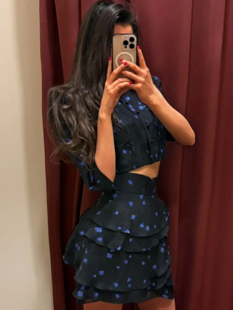 Womens Fashion Print Mini Skirt Set Bubble Sleeves O-neck Crop Top Layered Ruffle Suits 2026 Summer Lady Highstreet Outwear 260618 - view 4