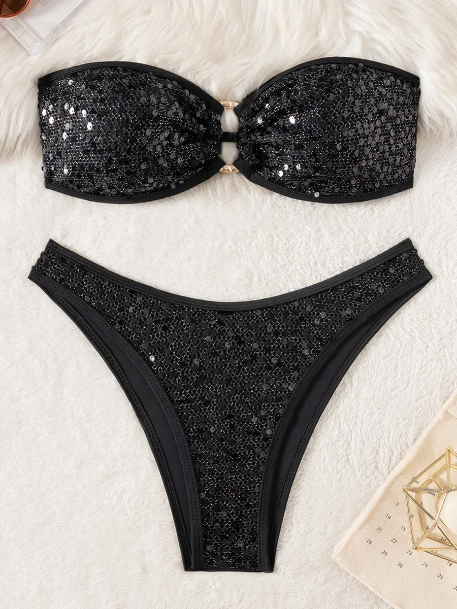Sequins Shiny Mesh Bandeau Bikini Female Swimsuit Women Swimwear Two-pieces Bikini Set Brazilian Bather Bathing Suit Swim Lady 260622