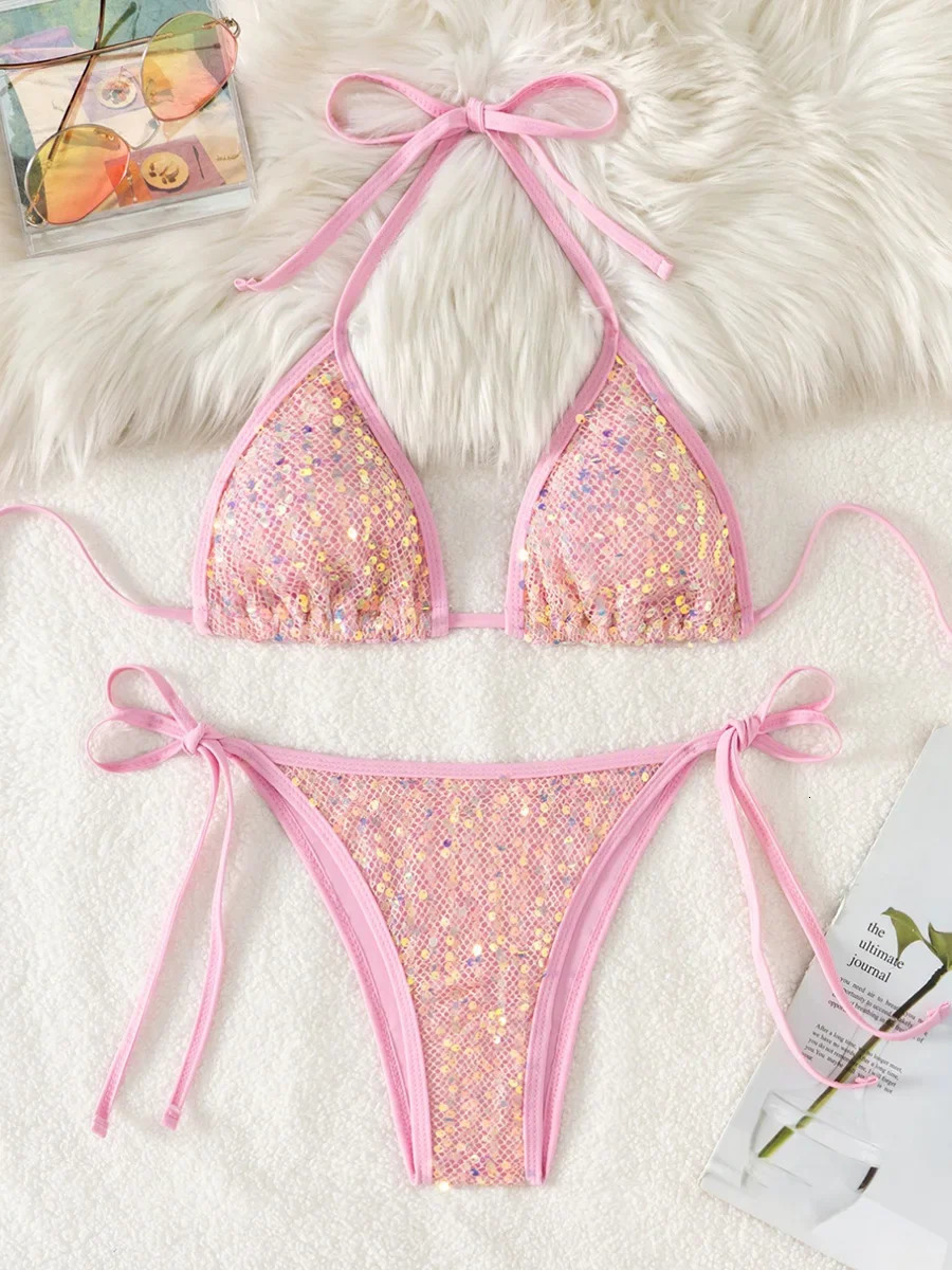 Sparkling Sequins Halter High Leg Cut Bikini Women Swimwear Female Swimsuit Two-pieces Bikini Set Bather Bathing Suit Swim Lady 260622