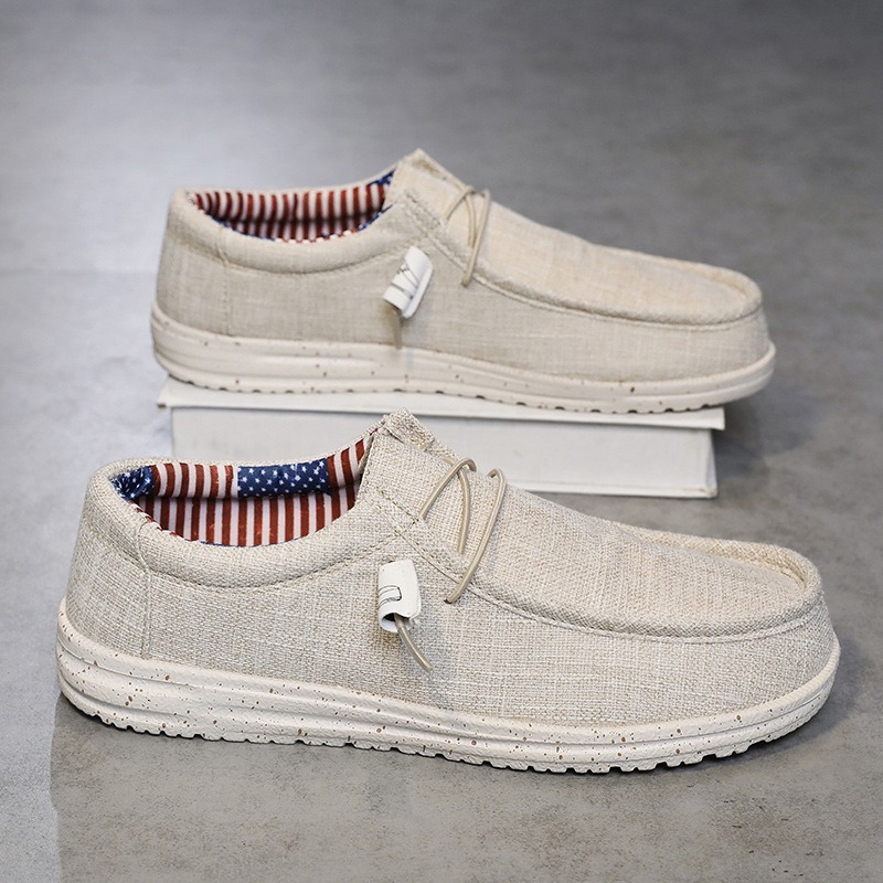 Linen Canvas Slip On Boat Shoes Elastic No Tie Laces Lightweight Breathable Casual Walking Loafers For Men - view 3