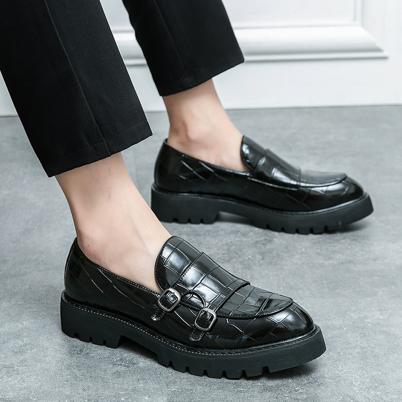 Mens Black Croc Platform Loafers Metal Buckle Designer Shoes Strap For Office Formal Wear - view 6