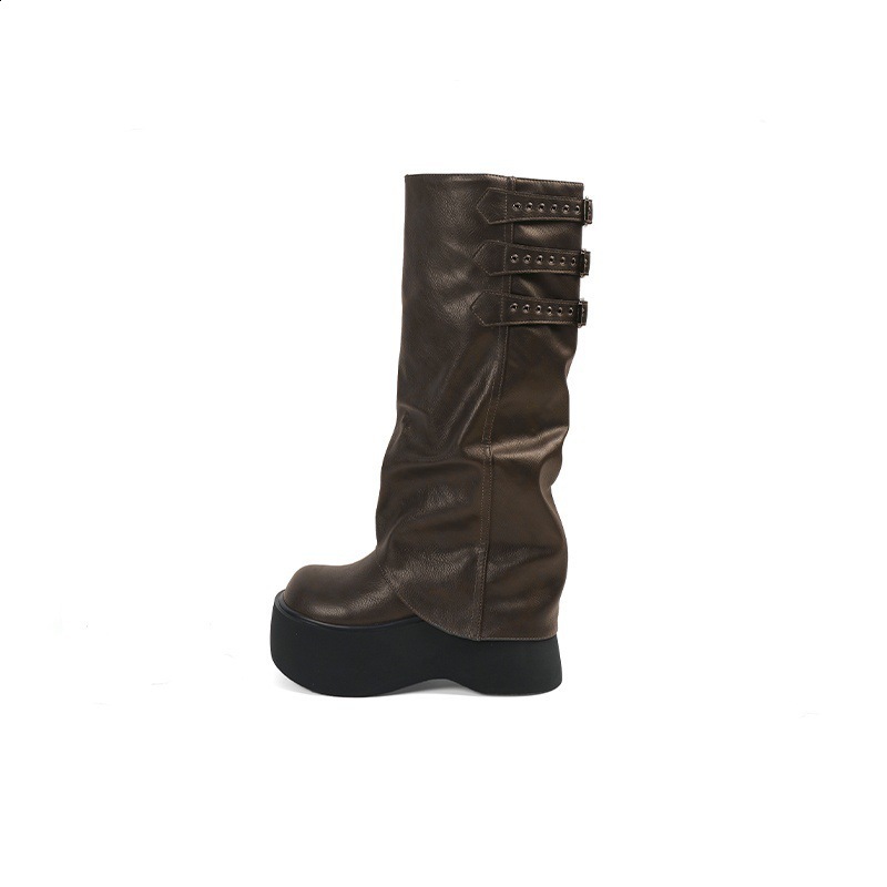Punk style belt buckle long knee high womens boots fashion platform high heels autumn winter skating party Botas Mujer 250225