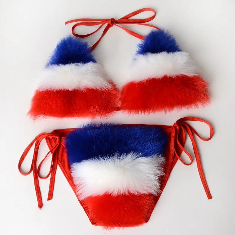 Rainbow Striped Womens Plush Fur Bikinis Set Swimsuit Sports Fox Fur Two Piece Female Swimwear Bra Underwear Sets Swimsuits 260622 - view 5