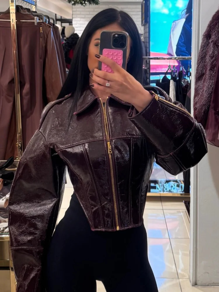 Womens Cropped Faux Leather Jacket Coat Vintage Balloon Sleeve Biker Style PU Outerwear Chic High Street 2026 Spring Outfit 260623 - view 3