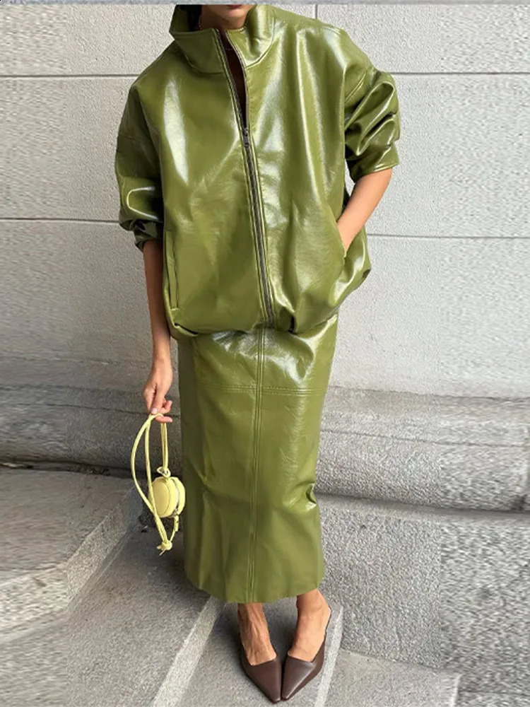 Leather Jackets Skirts Sets Women Zipper Long Sleeves High Waist Pu Pants Suits 2026 Spring Chic Street Solid Holiday Outfits 260618 - view 3