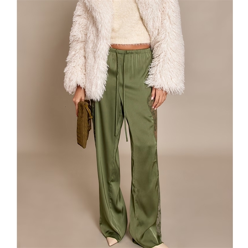 Casual Lace Satin Patchwork Pants Women Sexy See Through High Waist Lace Up Straight Trousers Spring Summer Lady Chic Trousers 260624 - view 3