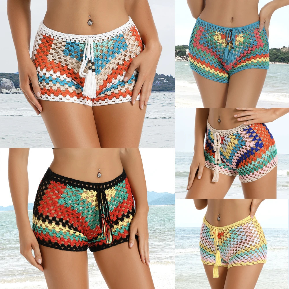 Hand Crochet Multi Color Knitted Rainbow Short Bikini Bottom Women Bathing Pant Beachwear 260622