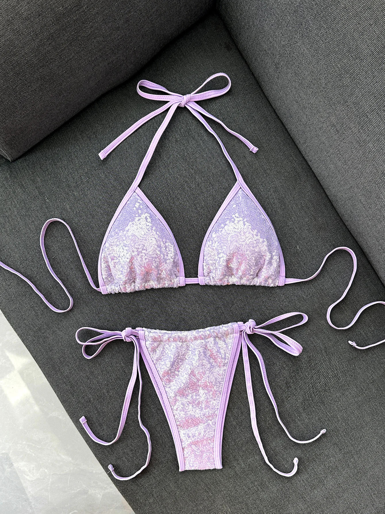 Sexy Shiny Sequin Black Bikini Set 2026 Women Push Up Bra Tie Side Thong Swimsuit Beach Bathing Suit Hoiday Swimwear Biquini 260622 - view 4