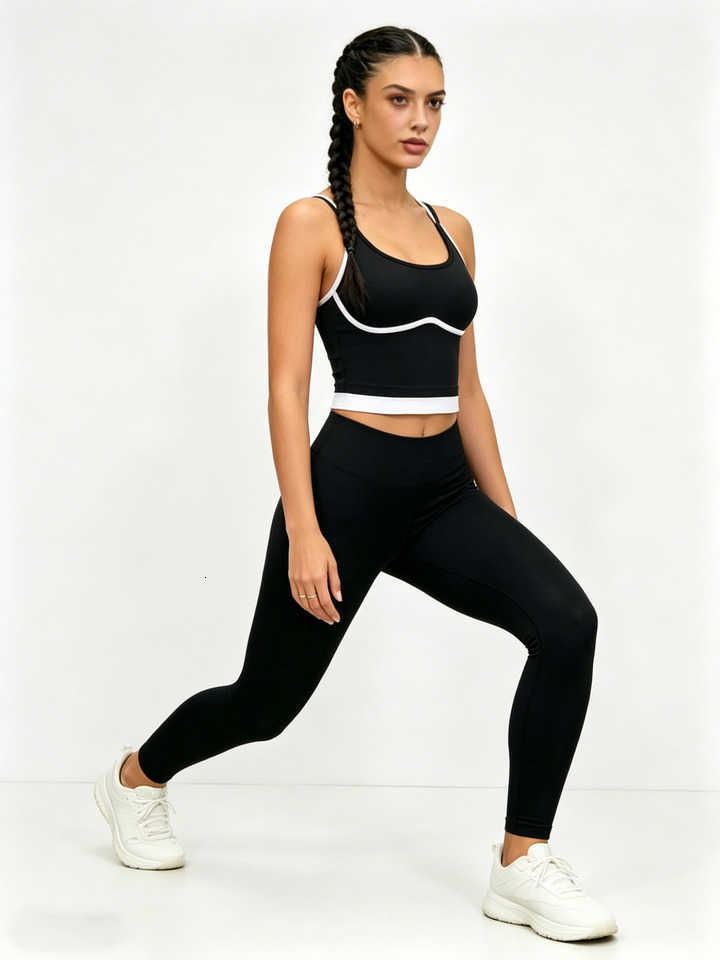 Yoga Set 2 Piece Womens Black White Contrast Sports Tank Top High Waist Leggings Workout Gym Fitness Activewear Tracksuit M260626