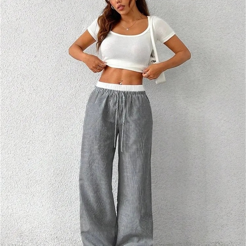 Casual Striped Woven Wide Leg Pants for Women Autumn Winter Casual Stylish Full Length Trousers Y2K Clothes Streetwear 260624 - view 4