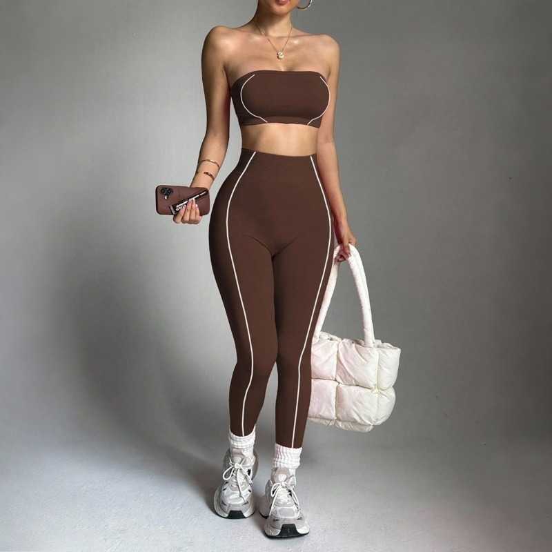 Strapless Bandeau Sports Bra Women Seamless High Waist Yoga Leggings Set Padded Workout Fitness Gym 2 Piece Outfits M260626