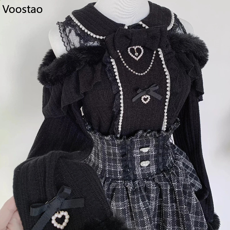 Japanese Style Gothic Y2k Lolita Skirt Set Women Sweet Fur Off Shoulder Bow Blouse Tops Plaid High Waist Theme Party Suits 260625 - view 6