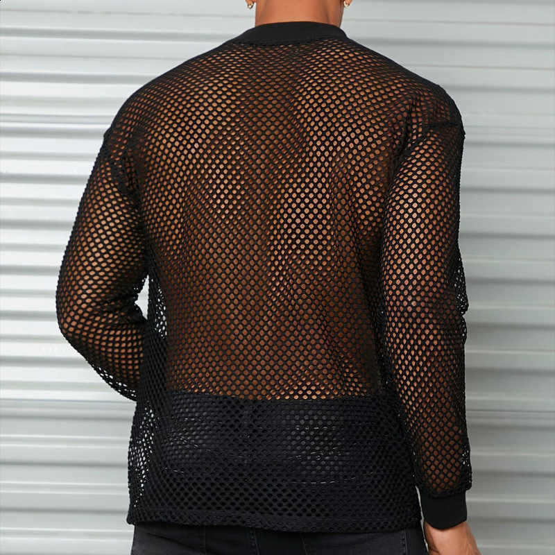 Mens mesh long-sleeve off-shoulder see-through T-shirt sexy nightclub wear breathable and versatile mesh hollow-out base shirt250312