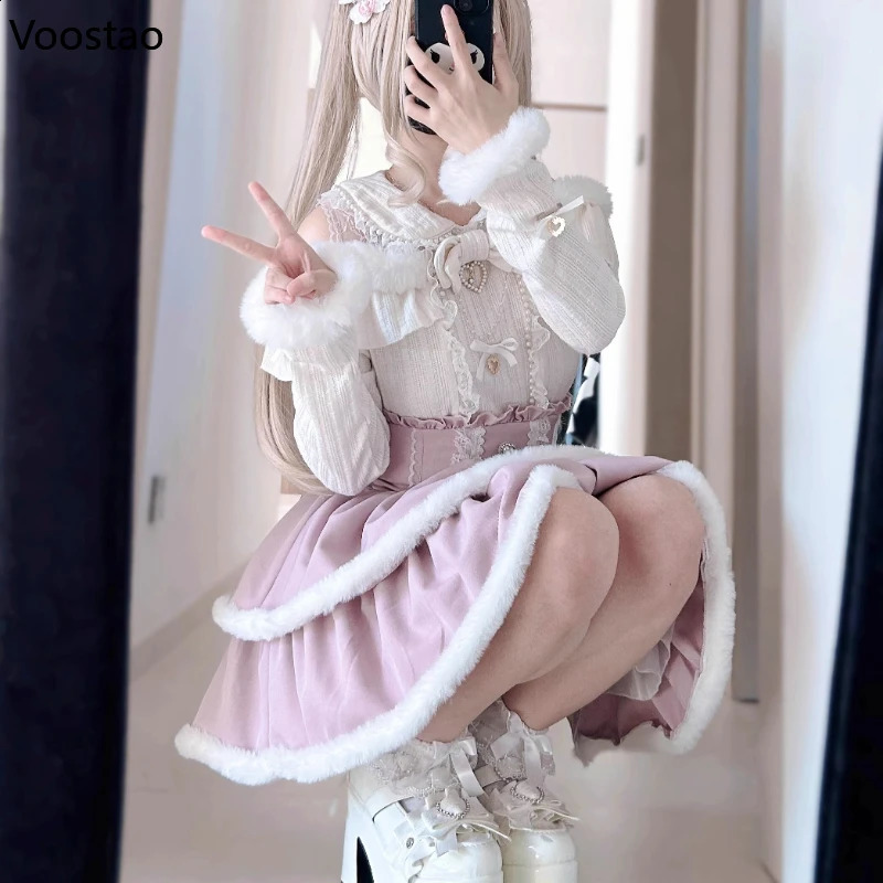 Japanese Style Gothic Y2k Lolita Skirt Set Women Sweet Fur Off Shoulder Bow Blouse Tops Plaid High Waist Theme Party Suits 260625 - view 4
