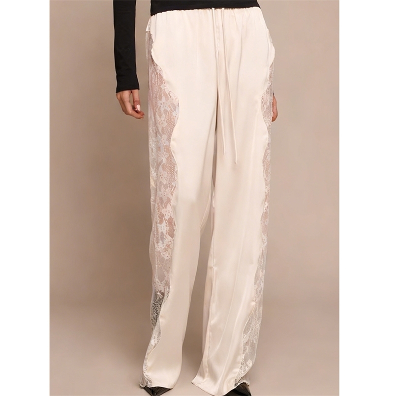 Casual Lace Satin Patchwork Pants Women Sexy See Through High Waist Lace Up Straight Trousers Spring Summer Lady Chic Trousers 260624 - view 5