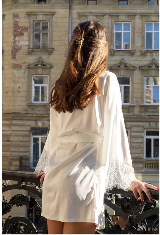 Bridal White Satin Robe Bride Robe with Lace Sleeves White Boudoir Robe Kimono Silk Robe with Lace Sleeves Bridesmaid Robe260622 - view 3