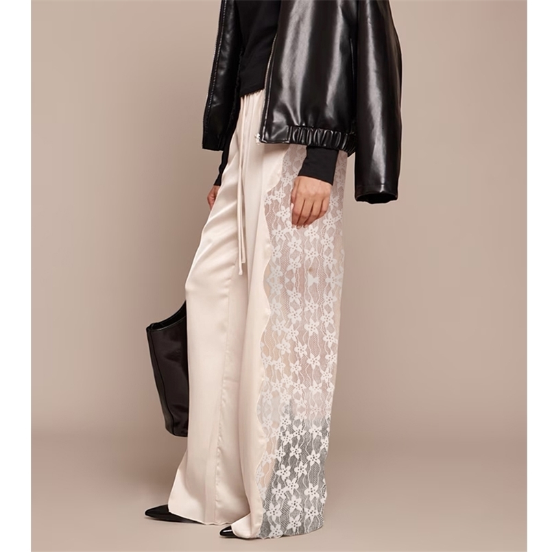 Casual Lace Satin Patchwork Pants Women Sexy See Through High Waist Lace Up Straight Trousers Spring Summer Lady Chic Trousers 260624 - view 6