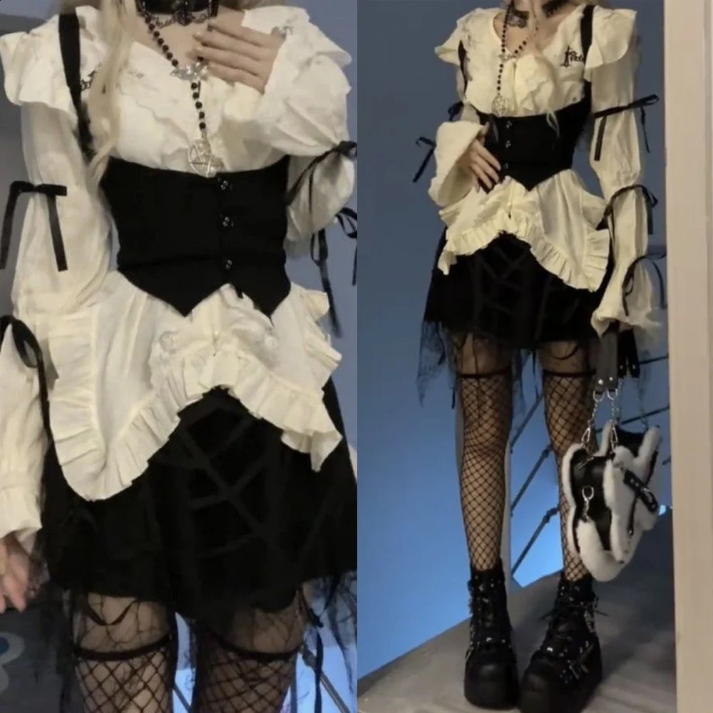 2026 Gothic Harajuku 2 Piece Sets Womens Vintage Y2k Crop Top Blouse Black High Waist Retro Skirt Belt Party Chic 260625 - view 6
