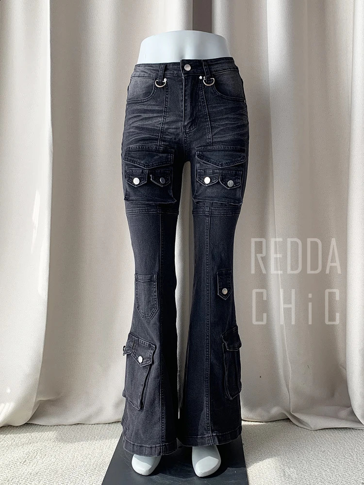REDDACHiC Black Low Waist Cargo Jeans 2000s Distressed Whiskers Multipocket Stretch Bootcut Pants Women Retro Grunge Streetwear 260625 - view 6