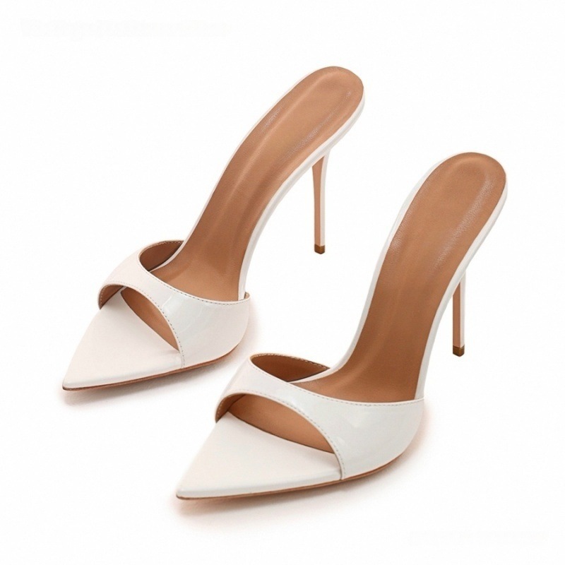 Sexy Metal Plate Pointed Toe Mules Shoes Blue Denim Slip On Summer Slippers Stiletto High Heels Sandals Plus Size 45 260519 - view 4