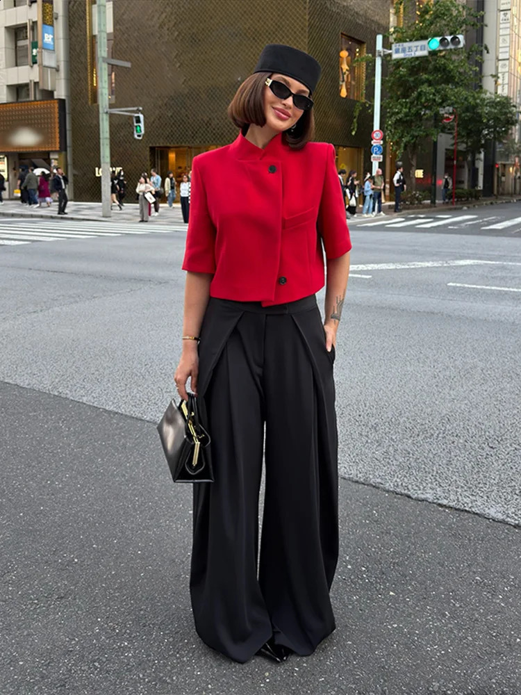 Women Chic Cropped Blazer Jacket Stand Collar 34 Sleeve Single Breasted Shoulder Pad Top 2026 Spring Summer Fashion Street Coat 260625 - view 5