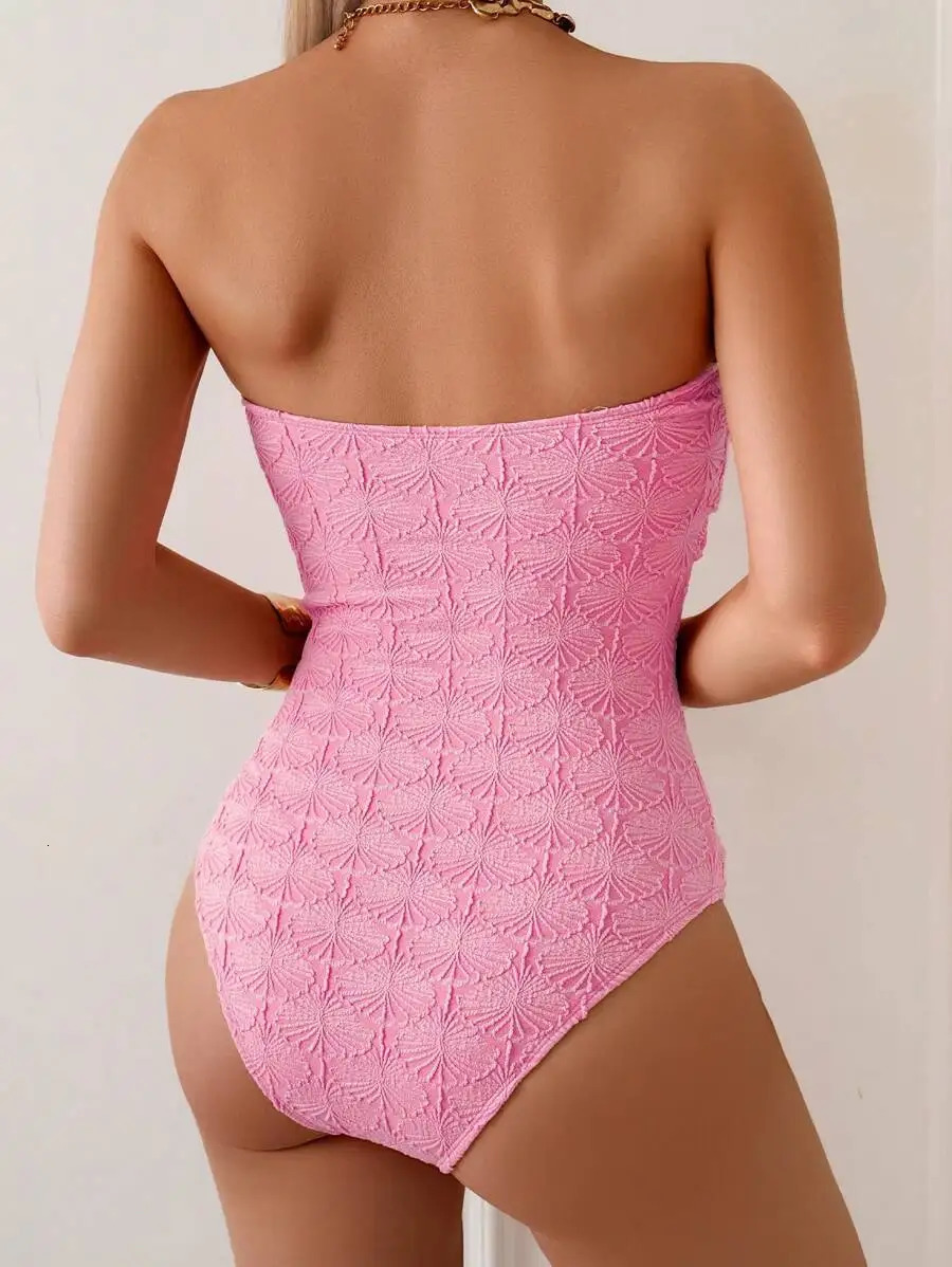Swim Vcay Women Summer Vacation Pink Shell Jacquard Fabric Starfish Decor Bandeau One-Piece Swimsuit Beach Outfit 260622 - view 3