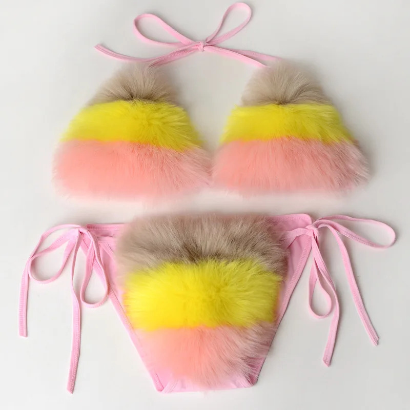 Rainbow Striped Womens Plush Fur Bikinis Set Swimsuit Sports Fox Fur Two Piece Female Swimwear Bra Underwear Sets Swimsuits 260622