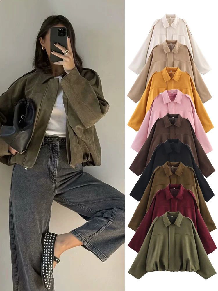 TFMLN Women Suede Bomber Jacket Spring Fashion Long Sleeve Zipper Oversize Solid Coat Chic Lady Streetwear 260625