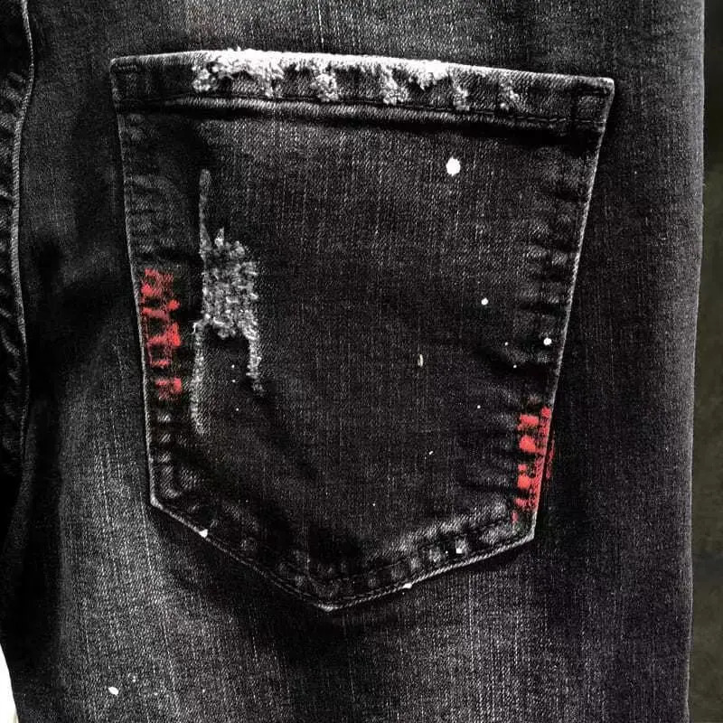 Autumn Korean Style Work Ripped Hole Black Cowboy Hip Hop Dotting Ink Slim Jeans Mens y Denim Pants for Men 260618CJ - view 5