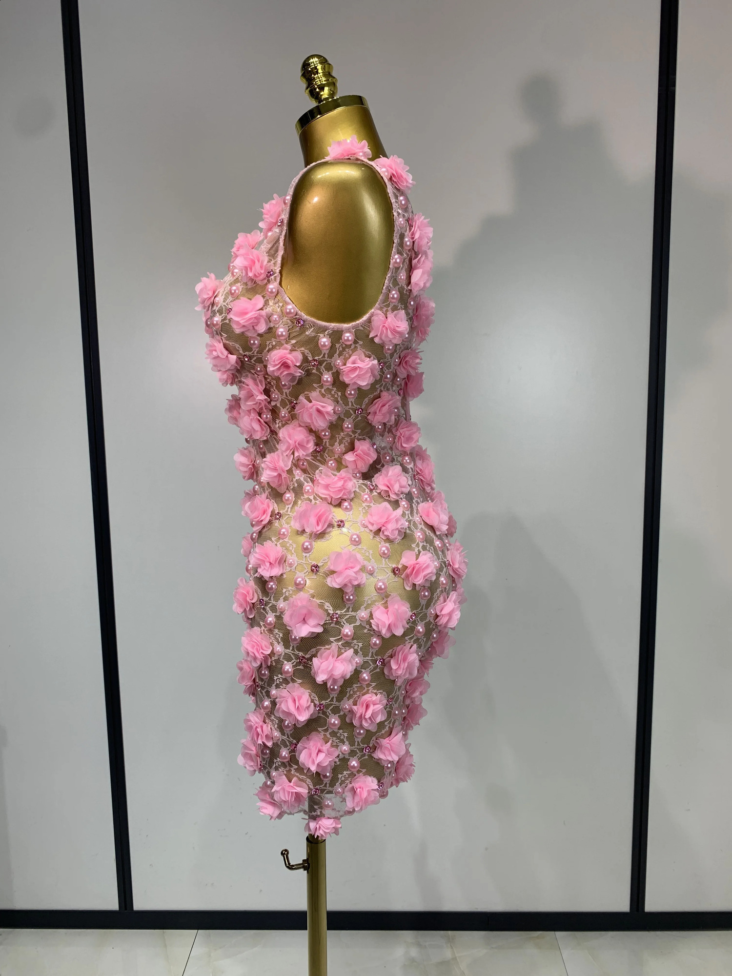 Women y Pink Flowers Pearls Lace See Through Bodycon Mini Dress Birthday Poshoot Evening Party Nightclub Stage Costume 260625 - view 4