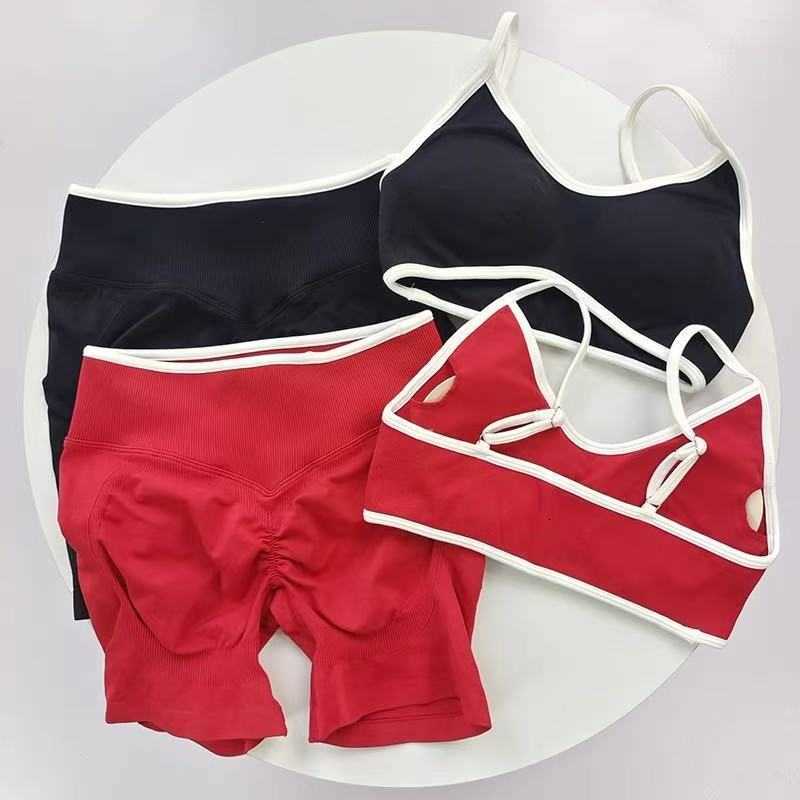 And Fitness Suit Vest Sports Contrasting Color Shock-absorbing Sports Bra High Waist Breathable Peach Hip Three Part Shorts Set M260626