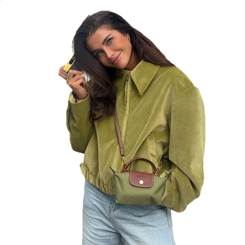 Casual Zipper Womens Green Suede Jacket Women Loose Lapel Full Sleeve Pocket Crop Coats Autumn Winter Lady Street Thick Outwear 260618 - view 6
